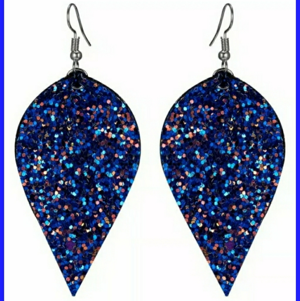 Blue sparkle leather earrings
